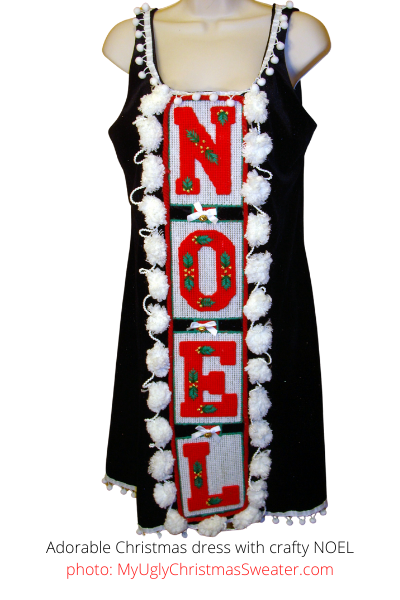 Adorable Christmas dress with Huge PomPoms and Home Crafted NOEL Decoration
