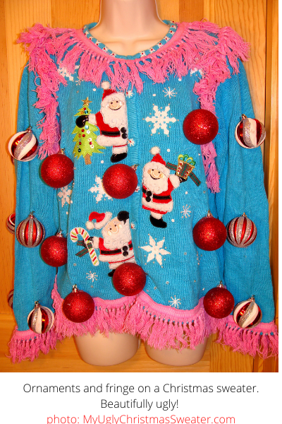 Beautifully Ugly Blue Christmas Sweater with Pink Fringe and Red Ornaments