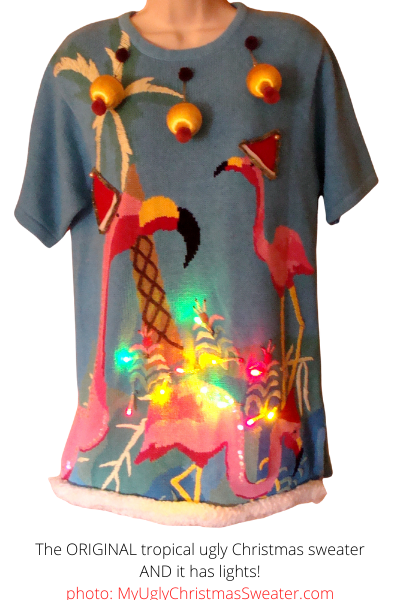 Tropical Ugly Christmas Sweater with Flamingos and Lights