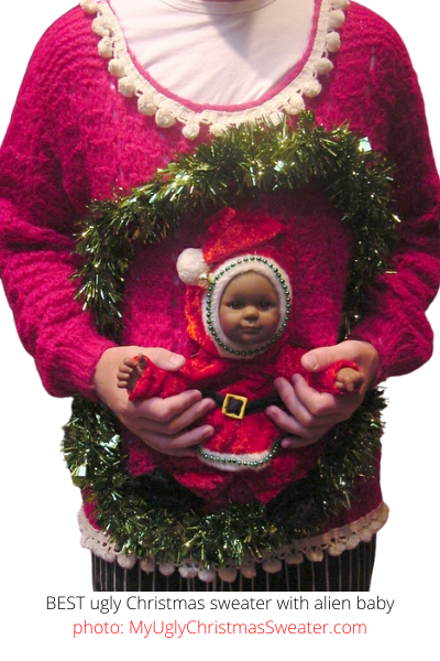 BEST Contest Winner Ugly Christmas Sweater with Funniest Alien Baby Decoration