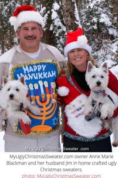 Couple Christmas Sweaters for Christmas Card - Hanukkah and Santa
