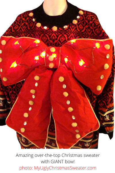 Contest Winning Ugly Christmas Sweater with Giant Bow and Lights