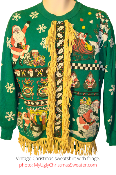 Vintage Busy Christmas Sweatshirt with Santa and Candy Canes - with Fringe!