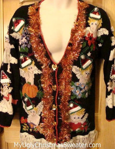 Vintage 80s Christmas Sweater with Angels in Santa Hats